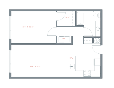 Floor plan for 1 bed, 1 bath, 780 sqft